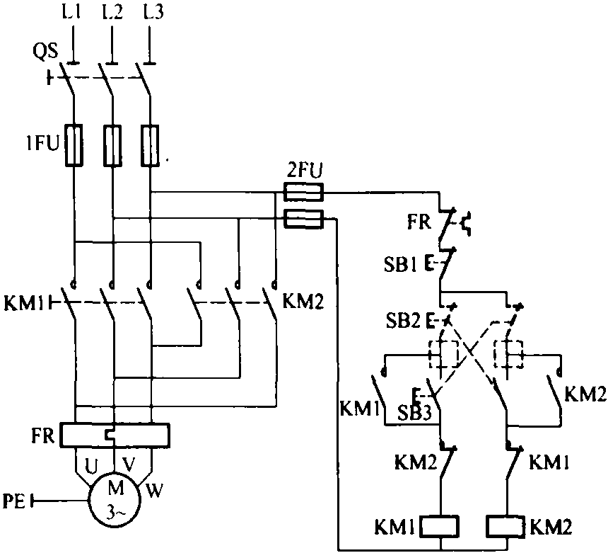 二十、用接触器控制的电动机正反方向运行的接线